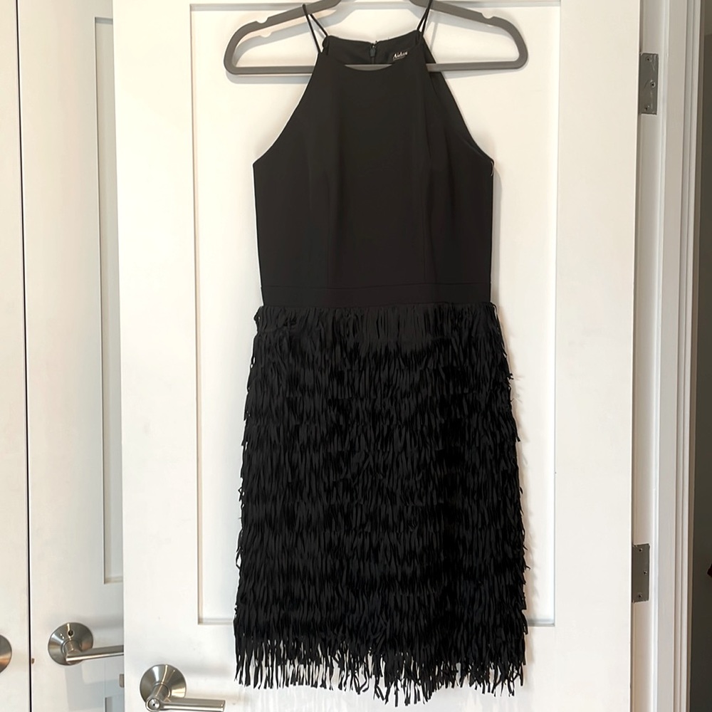 Black Aiden Mattox Fringe Detail Cocktail Dress, Size 4